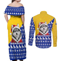 Bosnia and Herzegovina Christmas Couples Matching Off Shoulder Maxi Dress and Long Sleeve Button Shirt with Husky Dog Santa Hat and Blue Yellow Snowflake Pattern - Wonder Print Shop