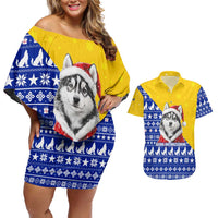 Bosnia and Herzegovina Christmas Couples Matching Off Shoulder Short Dress and Hawaiian Shirt with Husky Dog Santa Hat and Blue Yellow Snowflake Pattern - Wonder Print Shop