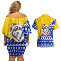 Bosnia and Herzegovina Christmas Couples Matching Off Shoulder Short Dress and Hawaiian Shirt with Husky Dog Santa Hat and Blue Yellow Snowflake Pattern - Wonder Print Shop