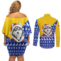 Bosnia and Herzegovina Christmas Couples Matching Off Shoulder Short Dress and Long Sleeve Button Shirt with Husky Dog Santa Hat and Blue Yellow Snowflake Pattern - Wonder Print Shop