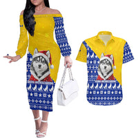 Bosnia and Herzegovina Christmas Couples Matching Off The Shoulder Long Sleeve Dress and Hawaiian Shirt with Husky Dog Santa Hat and Blue Yellow Snowflake Pattern - Wonder Print Shop