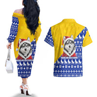 Bosnia and Herzegovina Christmas Couples Matching Off The Shoulder Long Sleeve Dress and Hawaiian Shirt with Husky Dog Santa Hat and Blue Yellow Snowflake Pattern - Wonder Print Shop