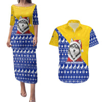 Bosnia and Herzegovina Christmas Couples Matching Puletasi and Hawaiian Shirt with Husky Dog Santa Hat and Blue Yellow Snowflake Pattern - Wonder Print Shop