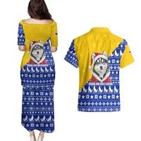 Bosnia and Herzegovina Christmas Couples Matching Puletasi and Hawaiian Shirt with Husky Dog Santa Hat and Blue Yellow Snowflake Pattern - Wonder Print Shop