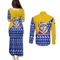 Bosnia and Herzegovina Christmas Couples Matching Puletasi and Long Sleeve Button Shirt with Husky Dog Santa Hat and Blue Yellow Snowflake Pattern - Wonder Print Shop