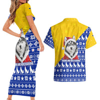 Bosnia and Herzegovina Christmas Couples Matching Short Sleeve Bodycon Dress and Hawaiian Shirt with Husky Dog Santa Hat and Blue Yellow Snowflake Pattern - Wonder Print Shop
