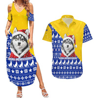 Bosnia and Herzegovina Christmas Couples Matching Summer Maxi Dress and Hawaiian Shirt with Husky Dog Santa Hat and Blue Yellow Snowflake Pattern - Wonder Print Shop