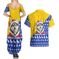 Bosnia and Herzegovina Christmas Couples Matching Summer Maxi Dress and Hawaiian Shirt with Husky Dog Santa Hat and Blue Yellow Snowflake Pattern - Wonder Print Shop