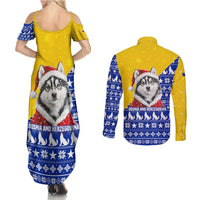 Bosnia and Herzegovina Christmas Couples Matching Summer Maxi Dress and Long Sleeve Button Shirt with Husky Dog Santa Hat and Blue Yellow Snowflake Pattern - Wonder Print Shop