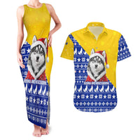Bosnia and Herzegovina Christmas Couples Matching Tank Maxi Dress and Hawaiian Shirt with Husky Dog Santa Hat and Blue Yellow Snowflake Pattern - Wonder Print Shop