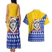Bosnia and Herzegovina Christmas Couples Matching Tank Maxi Dress and Hawaiian Shirt with Husky Dog Santa Hat and Blue Yellow Snowflake Pattern - Wonder Print Shop