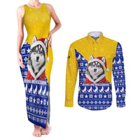 Bosnia and Herzegovina Christmas Couples Matching Tank Maxi Dress and Long Sleeve Button Shirt with Husky Dog Santa Hat and Blue Yellow Snowflake Pattern - Wonder Print Shop