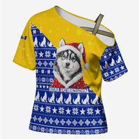 Bosnia and Herzegovina Christmas Cross Shoulder Shirt with Husky Dog Santa Hat and Blue Yellow Snowflake Pattern - Wonder Print Shop