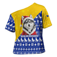Bosnia and Herzegovina Christmas Cross Shoulder Shirt with Husky Dog Santa Hat and Blue Yellow Snowflake Pattern - Wonder Print Shop