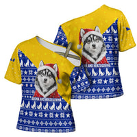 Bosnia and Herzegovina Christmas Cross Shoulder Shirt with Husky Dog Santa Hat and Blue Yellow Snowflake Pattern - Wonder Print Shop