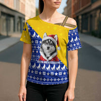 Bosnia and Herzegovina Christmas Cross Shoulder Shirt with Husky Dog Santa Hat and Blue Yellow Snowflake Pattern - Wonder Print Shop