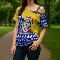 Bosnia and Herzegovina Christmas Cross Shoulder Shirt with Husky Dog Santa Hat and Blue Yellow Snowflake Pattern - Wonder Print Shop