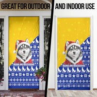 Bosnia and Herzegovina Christmas Door Cover with Husky Dog Santa Hat and Blue Yellow Snowflake Pattern - Wonder Print Shop