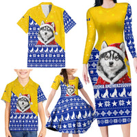Bosnia and Herzegovina Christmas Family Matching Long Sleeve Bodycon Dress and Hawaiian Shirt with Husky Dog Santa Hat and Blue Yellow Snowflake Pattern - Wonder Print Shop