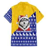 Bosnia and Herzegovina Christmas Family Matching Long Sleeve Bodycon Dress and Hawaiian Shirt with Husky Dog Santa Hat and Blue Yellow Snowflake Pattern - Wonder Print Shop