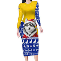 Bosnia and Herzegovina Christmas Family Matching Long Sleeve Bodycon Dress and Hawaiian Shirt with Husky Dog Santa Hat and Blue Yellow Snowflake Pattern - Wonder Print Shop