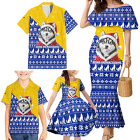 Bosnia and Herzegovina Christmas Family Matching Mermaid Dress and Hawaiian Shirt with Husky Dog Santa Hat and Blue Yellow Snowflake Pattern - Wonder Print Shop
