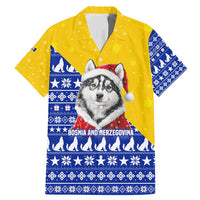 Bosnia and Herzegovina Christmas Family Matching Mermaid Dress and Hawaiian Shirt with Husky Dog Santa Hat and Blue Yellow Snowflake Pattern - Wonder Print Shop