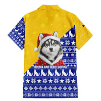 Bosnia and Herzegovina Christmas Family Matching Mermaid Dress and Hawaiian Shirt with Husky Dog Santa Hat and Blue Yellow Snowflake Pattern - Wonder Print Shop