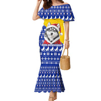 Bosnia and Herzegovina Christmas Family Matching Mermaid Dress and Hawaiian Shirt with Husky Dog Santa Hat and Blue Yellow Snowflake Pattern - Wonder Print Shop