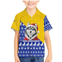 Bosnia and Herzegovina Christmas Family Matching Mermaid Dress and Hawaiian Shirt with Husky Dog Santa Hat and Blue Yellow Snowflake Pattern - Wonder Print Shop