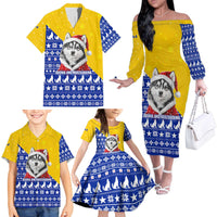 Bosnia and Herzegovina Christmas Family Matching Off The Shoulder Long Sleeve Dress and Hawaiian Shirt with Husky Dog Santa Hat and Blue Yellow Snowflake Pattern - Wonder Print Shop