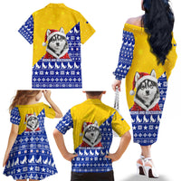 Bosnia and Herzegovina Christmas Family Matching Off The Shoulder Long Sleeve Dress and Hawaiian Shirt with Husky Dog Santa Hat and Blue Yellow Snowflake Pattern - Wonder Print Shop