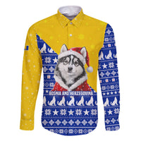 Bosnia and Herzegovina Christmas Family Matching Off The Shoulder Long Sleeve Dress and Hawaiian Shirt with Husky Dog Santa Hat and Blue Yellow Snowflake Pattern - Wonder Print Shop