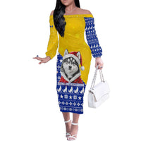 Bosnia and Herzegovina Christmas Family Matching Off The Shoulder Long Sleeve Dress and Hawaiian Shirt with Husky Dog Santa Hat and Blue Yellow Snowflake Pattern - Wonder Print Shop
