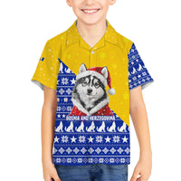 Bosnia and Herzegovina Christmas Family Matching Off The Shoulder Long Sleeve Dress and Hawaiian Shirt with Husky Dog Santa Hat and Blue Yellow Snowflake Pattern - Wonder Print Shop