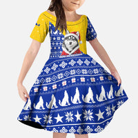 Bosnia and Herzegovina Christmas Family Matching Off Shoulder Maxi Dress and Hawaiian Shirt with Husky Dog Santa Hat and Blue Yellow Snowflake Pattern - Wonder Print Shop