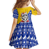Bosnia and Herzegovina Christmas Family Matching Off Shoulder Maxi Dress and Hawaiian Shirt with Husky Dog Santa Hat and Blue Yellow Snowflake Pattern - Wonder Print Shop
