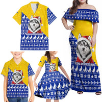 Bosnia and Herzegovina Christmas Family Matching Off Shoulder Maxi Dress and Hawaiian Shirt with Husky Dog Santa Hat and Blue Yellow Snowflake Pattern - Wonder Print Shop