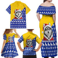 Bosnia and Herzegovina Christmas Family Matching Off Shoulder Maxi Dress and Hawaiian Shirt with Husky Dog Santa Hat and Blue Yellow Snowflake Pattern - Wonder Print Shop