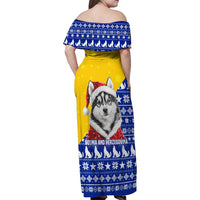 Bosnia and Herzegovina Christmas Family Matching Off Shoulder Maxi Dress and Hawaiian Shirt with Husky Dog Santa Hat and Blue Yellow Snowflake Pattern - Wonder Print Shop