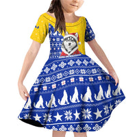 Bosnia and Herzegovina Christmas Family Matching Off Shoulder Short Dress and Hawaiian Shirt with Husky Dog Santa Hat and Blue Yellow Snowflake Pattern - Wonder Print Shop