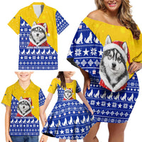 Bosnia and Herzegovina Christmas Family Matching Off Shoulder Short Dress and Hawaiian Shirt with Husky Dog Santa Hat and Blue Yellow Snowflake Pattern - Wonder Print Shop