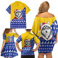 Bosnia and Herzegovina Christmas Family Matching Off Shoulder Short Dress and Hawaiian Shirt with Husky Dog Santa Hat and Blue Yellow Snowflake Pattern - Wonder Print Shop
