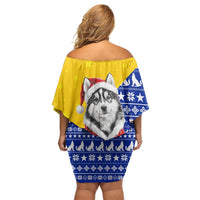 Bosnia and Herzegovina Christmas Family Matching Off Shoulder Short Dress and Hawaiian Shirt with Husky Dog Santa Hat and Blue Yellow Snowflake Pattern - Wonder Print Shop