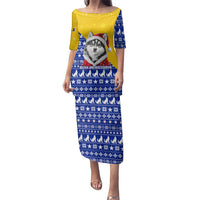 Bosnia and Herzegovina Christmas Family Matching Puletasi and Hawaiian Shirt with Husky Dog Santa Hat and Blue Yellow Snowflake Pattern - Wonder Print Shop