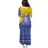 Bosnia and Herzegovina Christmas Family Matching Puletasi and Hawaiian Shirt with Husky Dog Santa Hat and Blue Yellow Snowflake Pattern - Wonder Print Shop