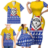 Bosnia and Herzegovina Christmas Family Matching Short Sleeve Bodycon Dress and Hawaiian Shirt with Husky Dog Santa Hat and Blue Yellow Snowflake Pattern - Wonder Print Shop