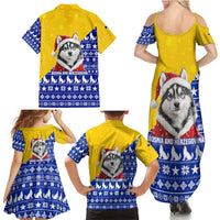 Bosnia and Herzegovina Christmas Family Matching Summer Maxi Dress and Hawaiian Shirt with Husky Dog Santa Hat and Blue Yellow Snowflake Pattern - Wonder Print Shop