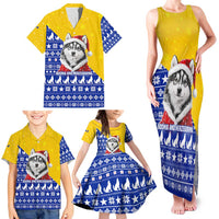 Bosnia and Herzegovina Christmas Family Matching Tank Maxi Dress and Hawaiian Shirt with Husky Dog Santa Hat and Blue Yellow Snowflake Pattern - Wonder Print Shop