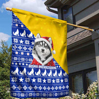 Bosnia and Herzegovina Christmas Garden Flag with Husky Dog Santa Hat and Blue Yellow Snowflake Pattern - Wonder Print Shop